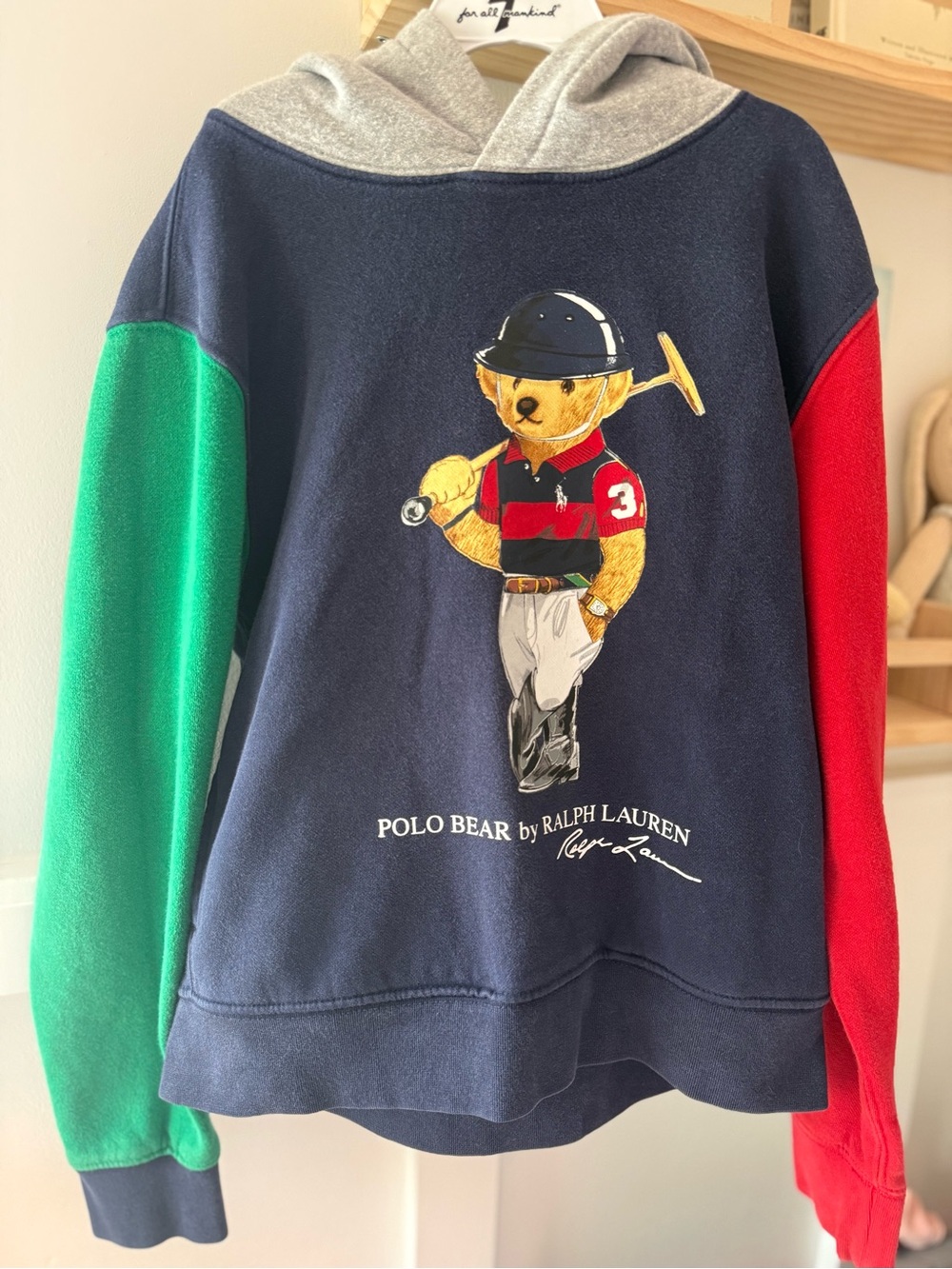 Polo by Ralph Lauren Boy's Navy Polo Bear Hoodie Sweater - Green & Red Sleeves